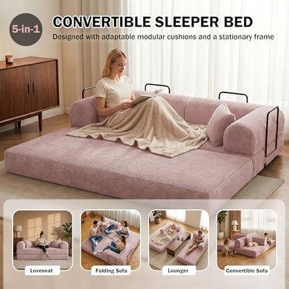 79" Convertible Futon Sofa Bed, Boneless Couch, Pink