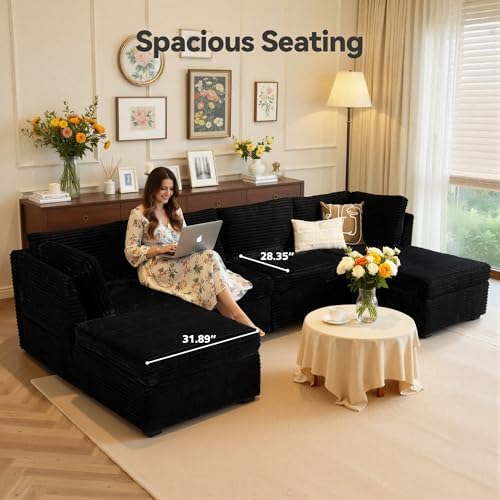 CAODOC 6 Seat Modular Sectional Couch,Corduroy,Convertible U/L-Shaped,Black