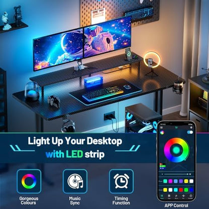 HLDIRECT 47 Inch Gaming Desk with LED Lights & Cable Management, Black