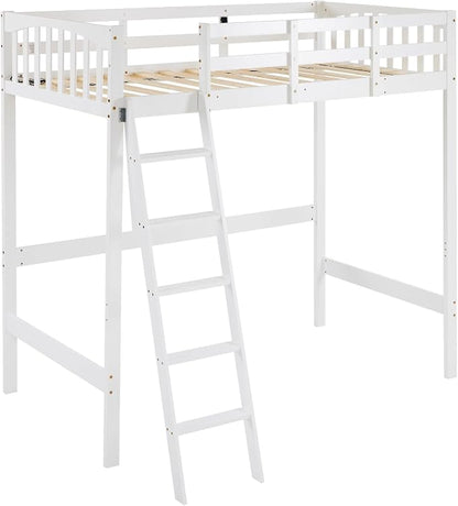 VINGLI Full Loft Bed with USB Charging Station/LED, Solid Wood Double Loft Bunk Bed with Flat Rungs for Kids/Teens/Adults, 15 inches High Guardrail,Wood Slat Support No Box Spring Needed, White