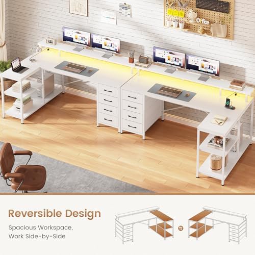 SEDETA L Shaped Gaming Desk with 4 Drawers, Shelves, Power Outlets, White