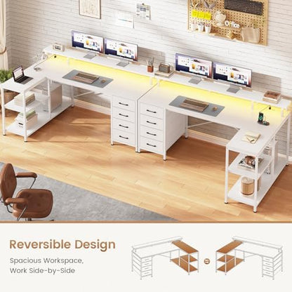 SEDETA L Shaped Gaming Desk with 4 Drawers, Shelves, Power Outlets, White