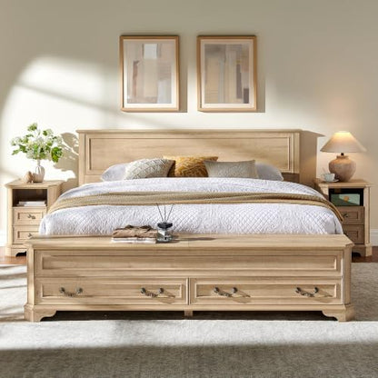 T4TREAM Farmhouse King Bed with Headboard and Storage Bench, Natural Oak