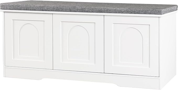 DINZI LVJ Shoe Bench, Entryway Storage Bench with Doors, Cushion, 2-Tier Shoe Rack with 6-Cubby, 39.4”L x 13.8”W Shoe Organizer Cabinet, Adjustable Shelf, Living Room, Bedroom, White