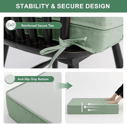 Outdoor Cushions for Patio Furniture, Faux Linen Water Resistant Backrest and Seat Cushion Set with Removable Cover, Ties, Non-Slip Bottom, 19 x 19 Inch, Sage Green, Set of 4