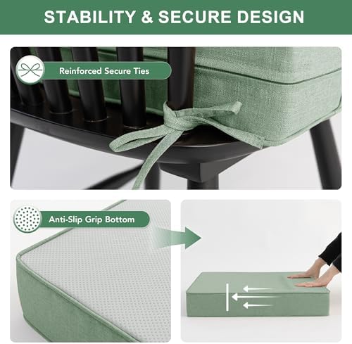 Outdoor Cushions for Patio Furniture, Faux Linen Water Resistant Backrest and Deep Seat Cushion Set with Removable Cover, Straps, Non-Slip Bottom, 24 x 24 Inch, Sage Green