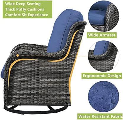 Rilyson 5 Piece Outdoor Patio Furniture Set - Rattan Wicker Patio Conversation Sets with 2 Swivel Rocker Chairs,2 Ottomans and 1 Sofa for Outside Porch Deck Backyard(Mixed Grey/Blue)