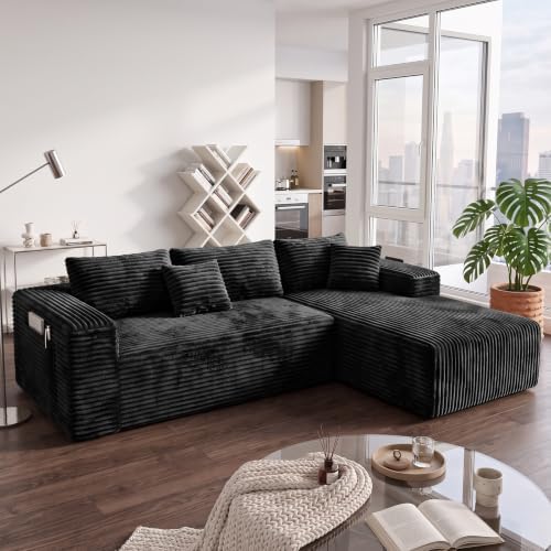 Couch ≈105inch,L-Shaped Sofa,Boneless Couch,with Chaise (Black)
