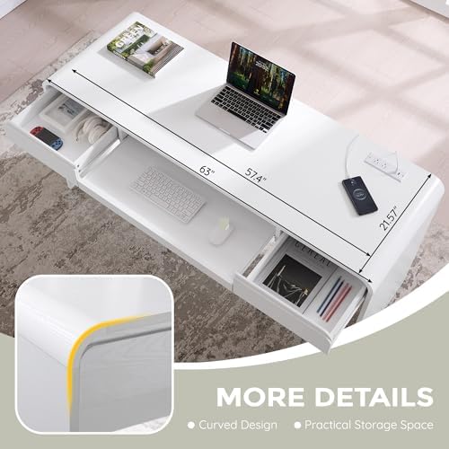 63" Modern Computer Desk with 2 Drawers, Wood Curved (White)