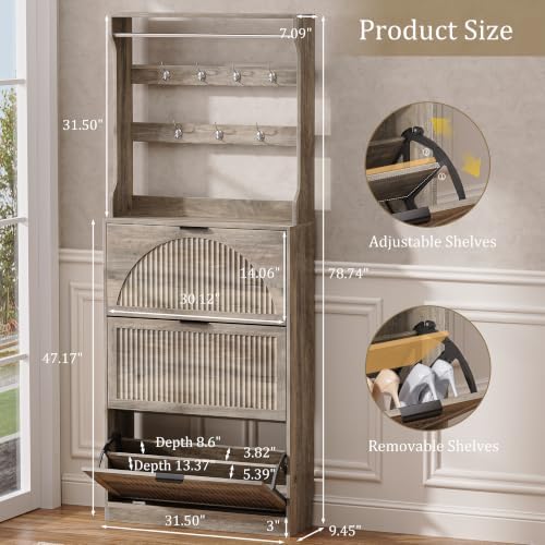 Fluted Shoe Storage Cabinet for Entryway with Coat Rack, Grey