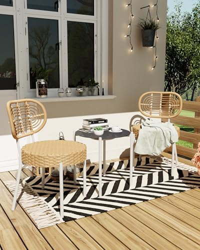 GarveeLife 3 Piece Wicker Patio Bistro Furniture Set, Outdoor Dining Chairs, Includes 2 Rattan Chairs and Tempered Glass Table, for Garden, Backyard, Balcony, Apartment, White & Brown