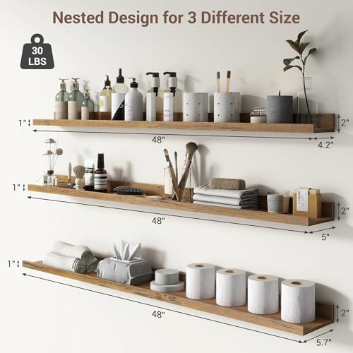 Picture Ledge Shelf, 48 Inch Brown Floating Shelves Set of 3