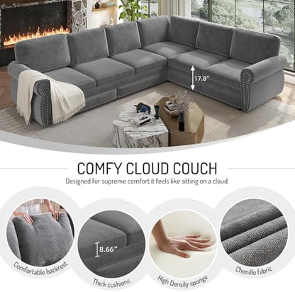 HANXIN 118" L-Shaped Sofa Couch with Pull Out Bed, Oversize Convertible Sectional Sleeper Sofa with Nailhead Trim & Rolled Arm, 6 Seat Chenille Upholstered Couches for Living Room(Light Gray)