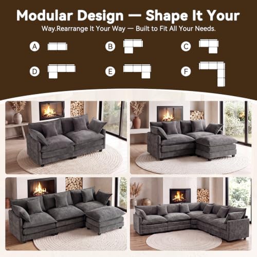 77" Cloud Chenille Sofa Loveseat Couch, Sectional with Ottoman, Grey