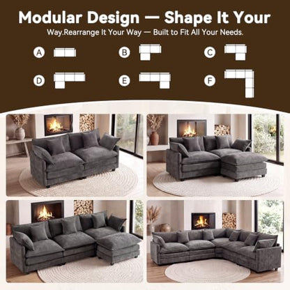 77" Cloud Chenille Sofa Loveseat Couch, Sectional with Ottoman, Grey