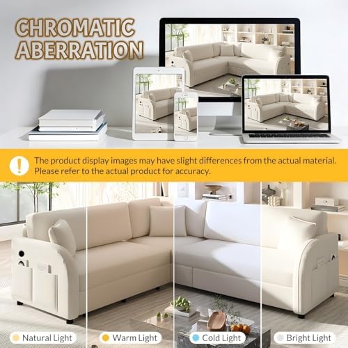 HANXIN 85.1" L-Shaped Sofa Couch with Pull Out Bed, Oversize Convertible Sectional Sleeper Sofa with Side Pocket & USB Port, 5 Seat Sherpa Fleece Upholstered Couches for Living Room(Beige)