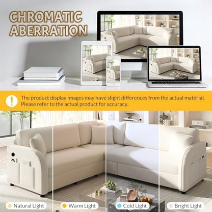HANXIN 85.1" L-Shaped Sofa Couch with Pull Out Bed, Oversize Convertible Sectional Sleeper Sofa with Side Pocket & USB Port, 5 Seat Sherpa Fleece Upholstered Couches for Living Room(Beige)