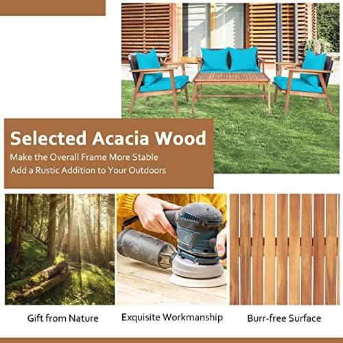 Tangkula 4-Piece Patio Furniture Set, Outdoor Acacia Wood Conversation Set with Cushions and Coffee Table, Outdoor PE Wicker Sectional Sofa Set for Garden, Poolside and Backyard (1, Turquoise)