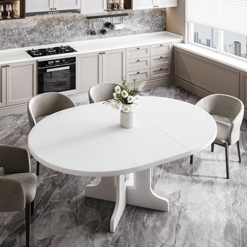 Feonase 59" Round Extendable Dining Room Table for 6, Modern Oval Kitchen Table with Heavy Duty Wood Base, for Kitchen Dining Living Room, Easy Assembly, Noise-Free, White