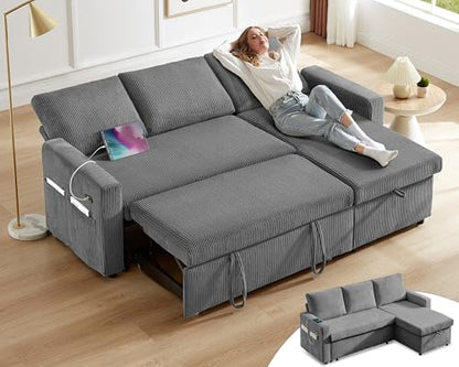 Vipbear 80" Sectional Sleeper Sofa Bed with Pull Out Bed, L Shaped Couch Pull Out Couch with Reclining Backrest, Reversible Storage Chaise, USB Ports, Tool-Free Assembly, Corduroy Dark Grey