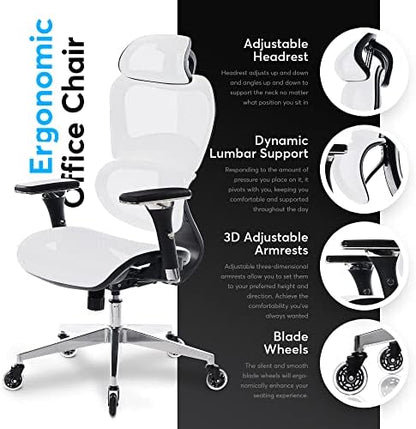 Oline ErgoPro Ergonomic Office Chair with 4D Adjustable Armrest, 3D Lumbar Support and Blade Wheels - Mesh Computer Gaming Rolling Desk Executive Swivel Home Chair (White)