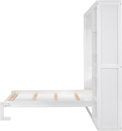 Merax Space-Saving White Murphy Bed Full Size with Adjustable Storage Shelves, Multifunctional Foldable Wall Bed for Small Spaces Studio Study Office Guest Room