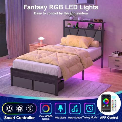 Twin Bed Frame with Storage Drawers & LED Lights, Metal Platform Bed with Charging Station and Upholstered Headboard, 2-Tier Storage Shelf, Noise Free, No Box Spring Needed