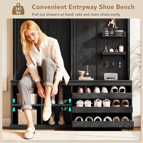 iPormis 70” Large Hall Tree with Bench and Adjustable Shoe Storage