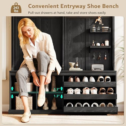 iPormis 70” Large Hall Tree with Bench and Adjustable Shoe Storage
