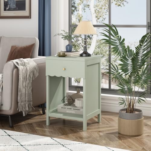 Cute Nightstand with Drawer, Scalloped Bedside Table, Sage