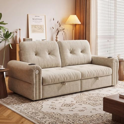 Convertible Couches, Queen Size Pull Out Sofa Bed with USB Charging Port and Cup Holders, Plannelette Fabric Convertible Sofa Bed for Small Space, Living Room, Apartment, Guest Room, Beige