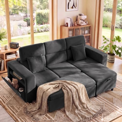 87" Modular Sectional Sofa with Pull Out Bed, Sectional Sleeper Sofa with Adjustable Headrest, Hidden Cup Holder, Storage Arm & Chaise, 4-Seater L Shaped Convertible Couch Bed for Living Room, Grey