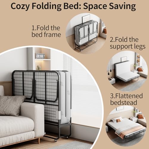 Folding Bed with 5" Memory Mattress, 75"×54" Full Size Double Portable Bed for Adults, Roll Away Foldable Beds on Wheels for Guest,Hideaway,Save Space