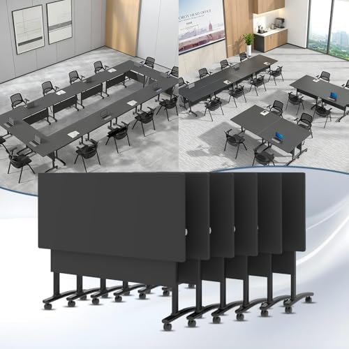 Conference Table, Folding Conference Room Tables with Wheels, Modular Flip Top Nesting Training Table, Modern Rolling Meeting Stackable Tables for Mobile Office Boardroom Classroom, Gray 6Pack