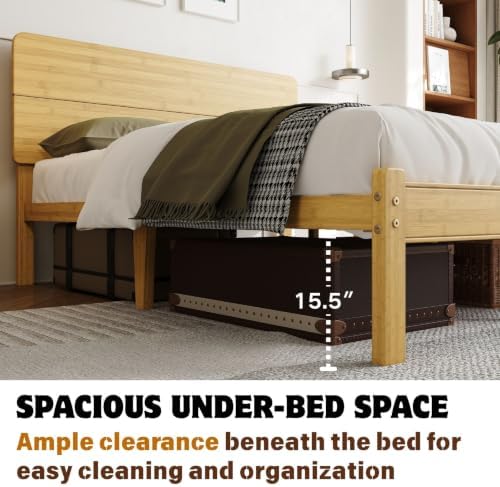 18 Inch Solid Bamboo Wood Full Size Bed Frame with Headboard, Platform Bed Frame Full with Metal Slats, No Box Spring Needed, Easy Assembly, Noise-Free, Natural