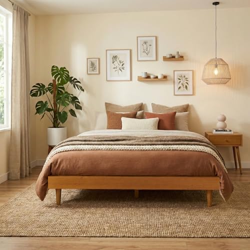 Fly Wooden Bed Frame Without Headboard, Solid Oak and Rubber Wood Foundation with Silent Slats and Wood Central Supports, 1000 Lb Capacity, Effortless Assembly, King - Rustic Oak