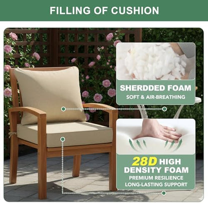 Outdoor Chair Cushions 22 x 22 Inch, Faux Linen Patio Furniture Cushions, Water Resistant Backrest and Deep Seat Cushion Set with Straps, Removable Cover, Non-Slip Bottom, Nature
