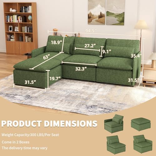L Shaped Sectional Couch, 94.5" Sectional Cloud Couch for Living Room,Fluffy Modular Sofa with Textured Corduroy,3 Seaters with Ottoman,Pet-Friendly Comfy Modern Deep Seat Sofa Set,Green