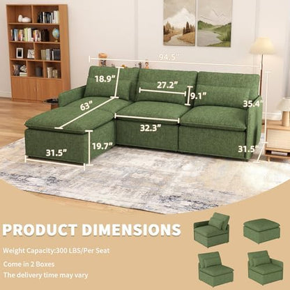 L Shaped Sectional Couch, 94.5" Sectional Cloud Couch for Living Room,Fluffy Modular Sofa with Textured Corduroy,3 Seaters with Ottoman,Pet-Friendly Comfy Modern Deep Seat Sofa Set,Green