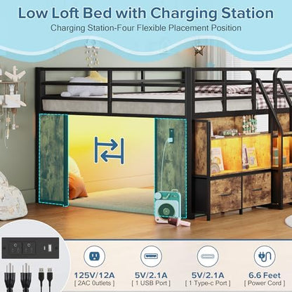 Full Low Loft Bed, 5 Drawers & 6 Bookcases, LED and Charging Station, Brown