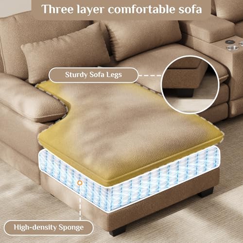 OUYESSIR 132" U Shaped Cloud Sectional Couch with USB Port, Light Brown
