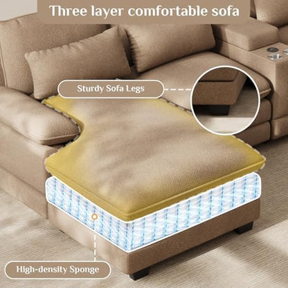 OUYESSIR 132" U Shaped Cloud Sectional Couch with USB Port, Light Brown