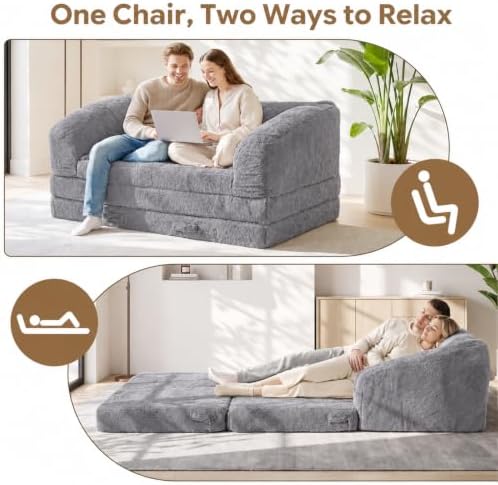 Boneless Loveseat Futon Sofa Bed,Small Boneless Couch with Pull Out Handle,Convertible Sleeper Chair Folding Floor Couch for Living Room, Guest Room,Bedroom,Grey
