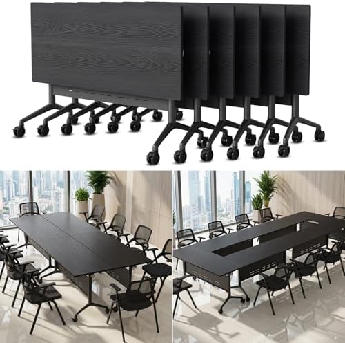 Folding Conference Table Modern Large Mobile Meeting Table Rolling Conference Room Tables with Wheels Seminar Tables for Office Training Classroom (6, Textured Black, 55" D X 23.6" W X 29.5" H)