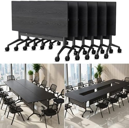 Folding Conference Table Modern Large Mobile Meeting Table Rolling Conference Room Tables with Wheels Seminar Tables for Office Training Classroom (6, Textured Black, 55" D X 23.6" W X 29.5" H)