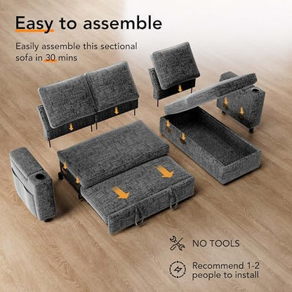 Vipbear Chenille Sleeper Sofa Bed, 82" Pull Out Couch with Reclining Backrest/Reversible Storage Chaise, 3 in 1 L-Shaped Couch with Armrest Storage | Cup Holder | Tool-Free Assembly | Grey