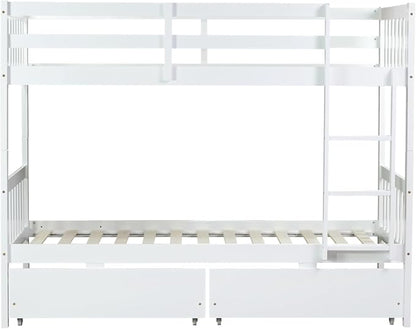 Harper & Bright Designs Twin Over Twin Bunk Bed with 2 Drawers, Convertible into 2 Twin Beds, Twin Bunk Bed with Ladder and Safety Guardrails, White