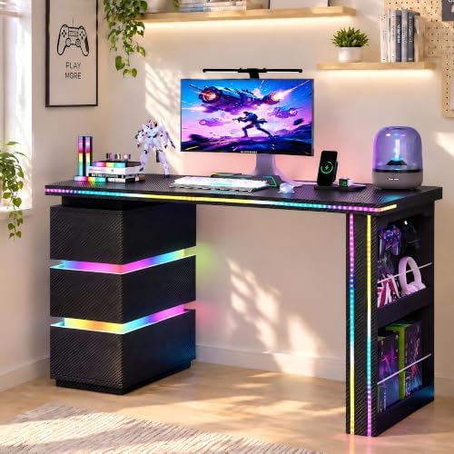 HNEBC 47.2" LED Home Office Computer Desk,3 Drawers,Pegboard,Fiber Black