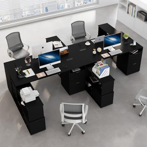 L-Shaped Desk with Drawers & Power Outlet, 180 Rotating Corner Computer Desk with Storage, 66 Inch Office Desk with 5-Drawer, Space-Saving Modern L-Shaped Workstation, Black