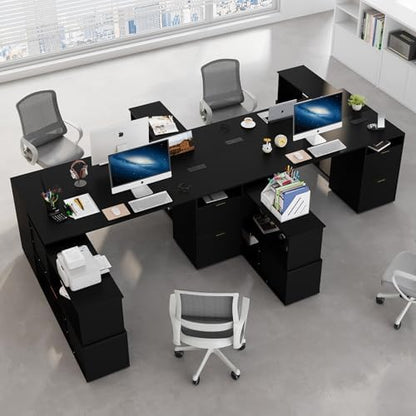 L-Shaped Desk with Drawers & Power Outlet, 180 Rotating Corner Computer Desk with Storage, 66 Inch Office Desk with 5-Drawer, Space-Saving Modern L-Shaped Workstation, Black